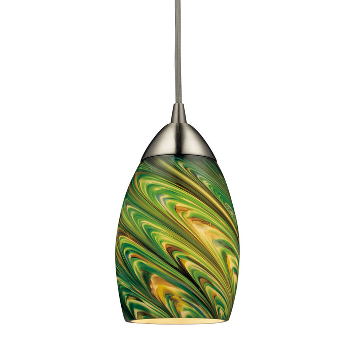 Vortex 1-Light Mini Pendant in Satin Nickel with Multi-colored Glass