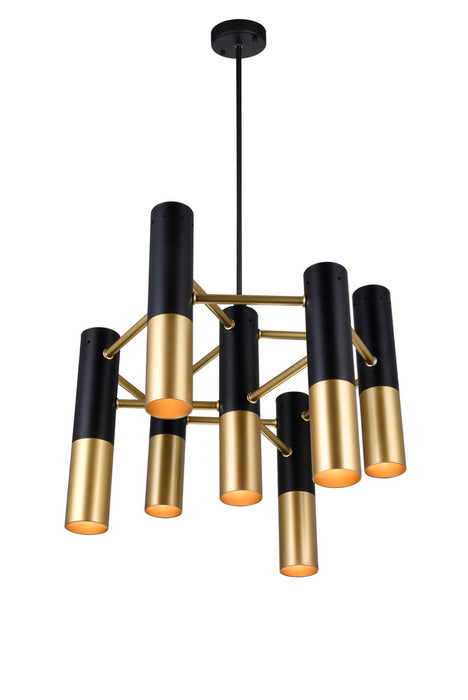 7 Light Down Chandelier with Matte Black & Satin Gold finish