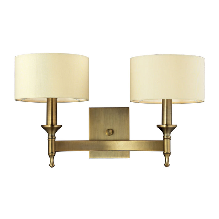 Pembroke 2-Light Wall Lamp in Antique Brass with Tan Fabric Shades