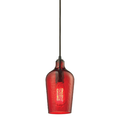 Hammered Glass 1-Light Mini Pendant in Oiled Bronze with Hammered Red Glass