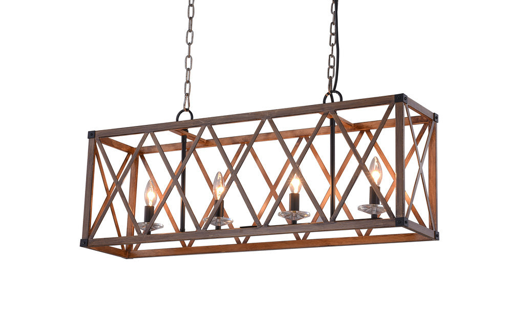 4 Light Chandelier with Wood Grain Brown Finish