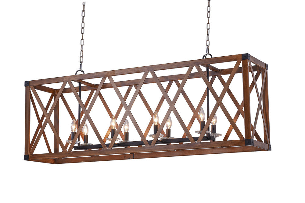 8 Light Chandelier with Wood Grain Brown Finish