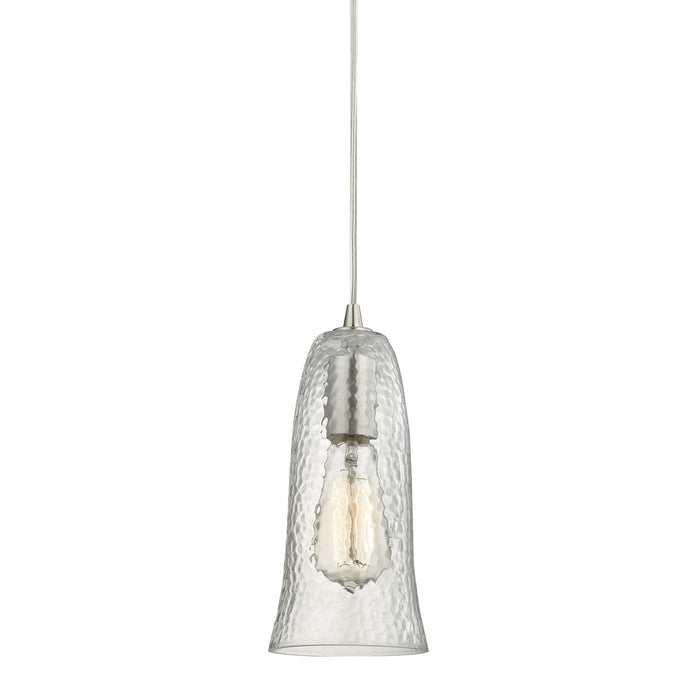 Hammered Glass 1-Light Mini Pendant in Satin Nickel with Hammered Clear Glass