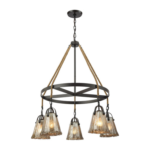 Hand Formed Glass 5-Light Chandelier in Oiled Bronze with Mercury Glass