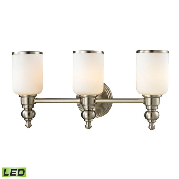 Bristol 3-Light Vanity Lamp in Brushed Nickel with Opal White Blown Glass - Includes LED Bulbs