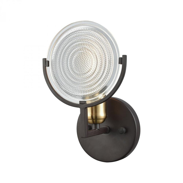 Ocular 1-Light Vanity Lamp in Oil Rubbed Bronze and Satin Brass with Clear Railroad Glass