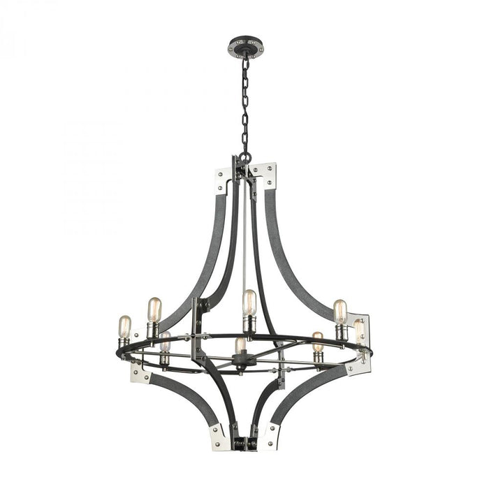 Riveted Plate 8-Light Chandelier in Silverdust Iron and Polished Nickel