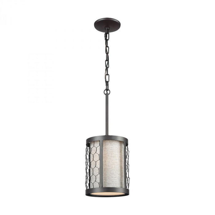 Filmore 1-Light Mini Pendant in Oiled Bronze with Wire Mesh and Gray Linen Fabric Shade