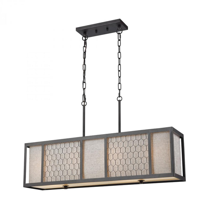 Filmore 4-Light Linear Chandelier in Oil Rubbed Bronze with Wire Mesh and Gray Linen Shade