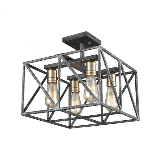 Crossbar 4-Light Semi Flush in Silverdust Iron and Satin Brass