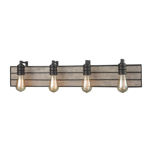 Brookweiler 4-Light Vanity Sconce in Oil Rubbed Bronze with Washed Wood Backplate