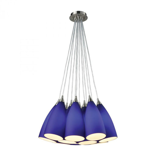 Vesta 12-Light Nesting Pendant Fixture in Satin Nickel with Blue Glass