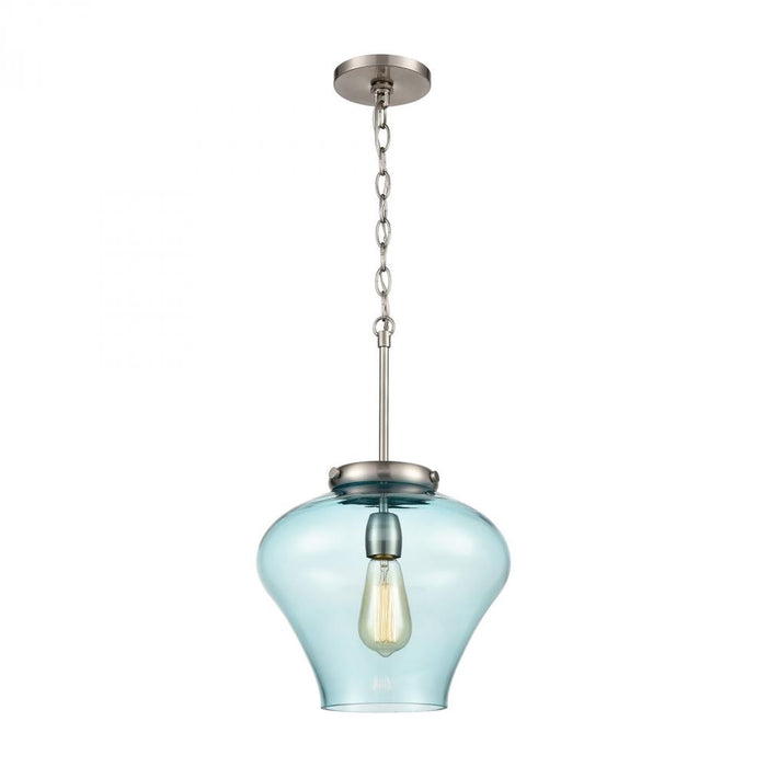 Amore 1-Light Pendant in Satin Nickel with Light Blue Glass