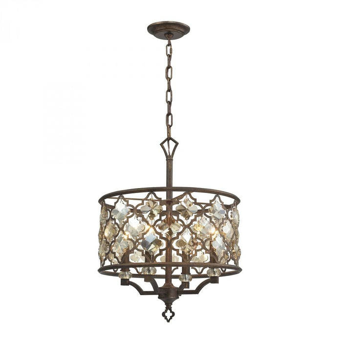 Armand 4-Light Chandelier in Weathered Bronze with Amber Teak Crystals and Metal Shade