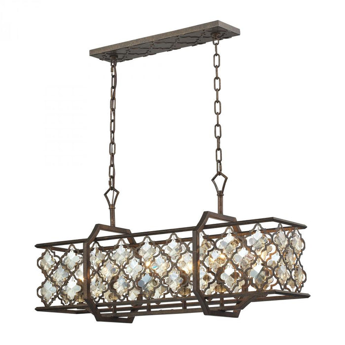 Armand 6-Light Linear Chandelier in Weathered Bronze with Amber Teak Crystals and Metal Shade