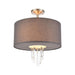 Crystal Falls 3-Light Semi Flush Mount in Satin Nickel with Graphite Fabric Shade