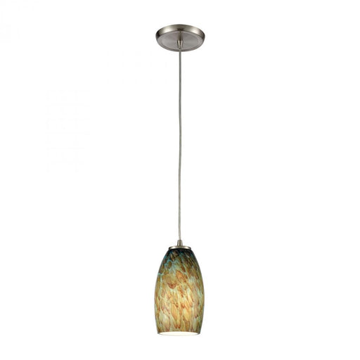 Nature's Collage 1-Light Mini Pendant in Satin Nickel with Feathered Aqua Green and Beige Glass