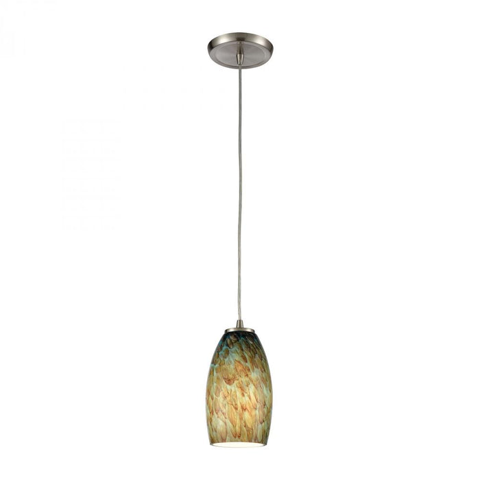 Nature's Collage 1-Light Mini Pendant in Satin Nickel with Feathered Aqua Green and Beige Glass