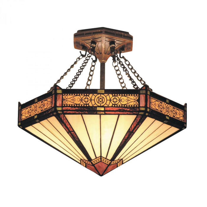 Filigree 3-Light Semi Flush in Aged Bronze with Tiffany Style Glass