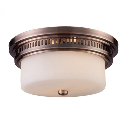 Chadwick 2-Light Flush Mount in Antique Copper with White Glass