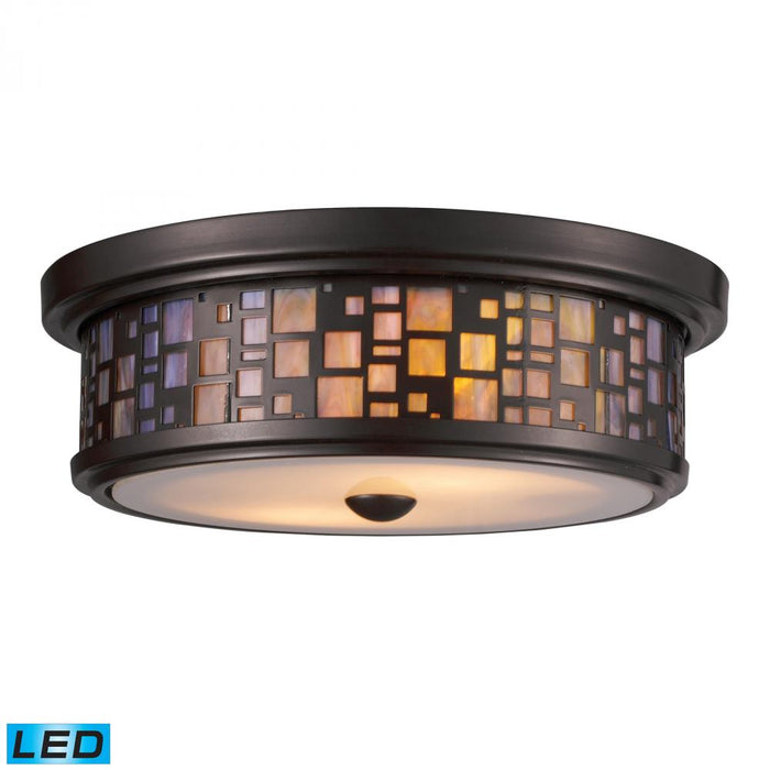 Tiffany 2-Light Flush Mount in Oiled Bronze with Mosaic Tea-stained Glass - Includes LED Bulbs