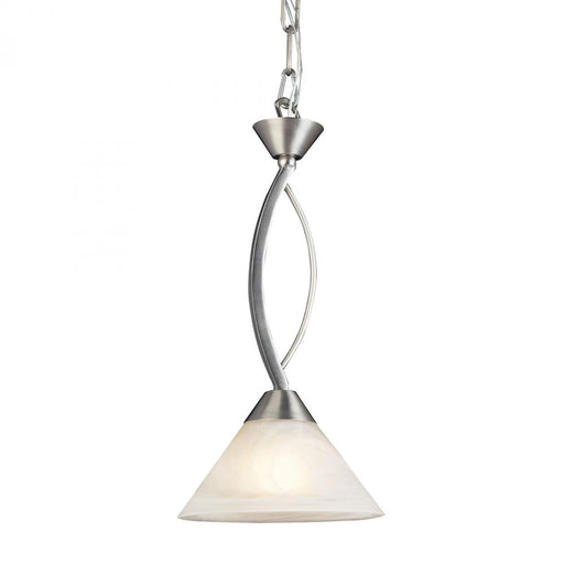 Elysburg 1-Light Mini Pendant in Satin Nickel with White Swirl Glass