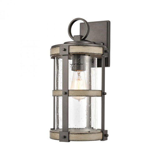 Crenshaw 1-Light Outdoor Sconce in Anvil Iron and Distressed Antique Graywood with Seedy Glass