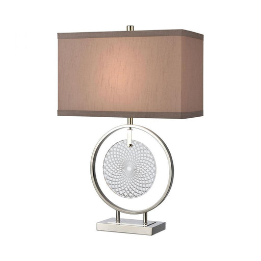 Saturn Table Lamp in Chrome with a Grey-Taupe Faux Silk Shade