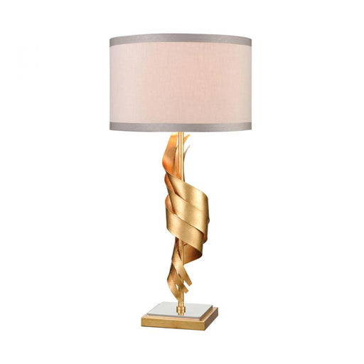 Shake It Off Table Lamp in Gold Leaf and Polished Nickel with a Light Taupe Faux Silk Shade