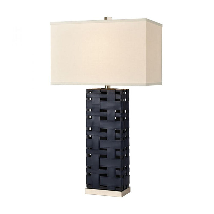 Strapped Down Table Lamp in Polished Nickel and Navy Blue with a White Linen Shade