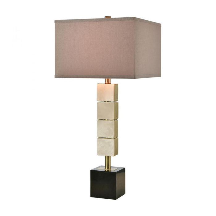 Bolster Table Lamp in Honey Brass with a Light Taupe Faux Silk Shade