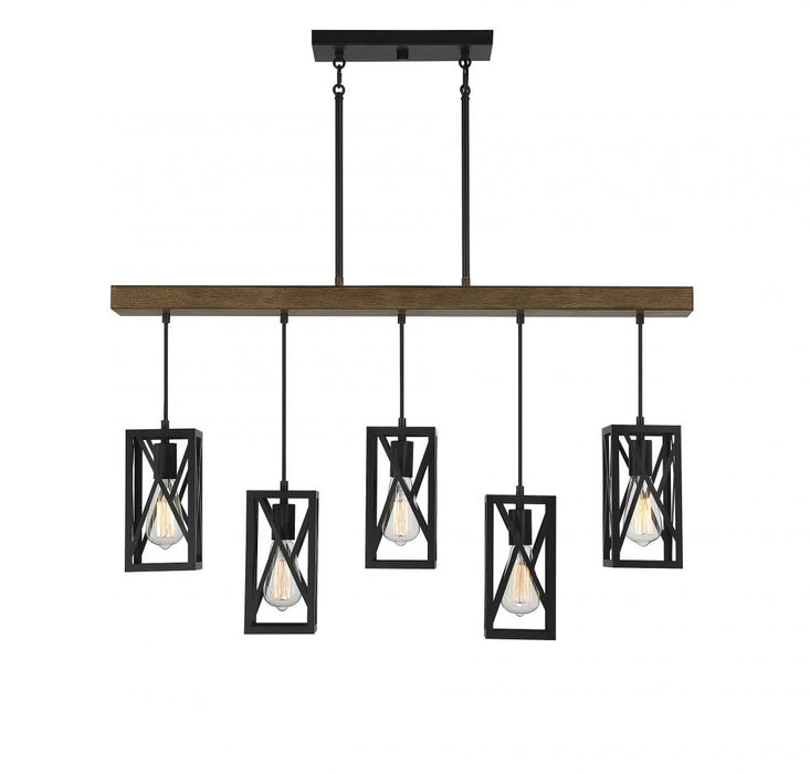 5-Light Linear Chandelier in Wood with Black